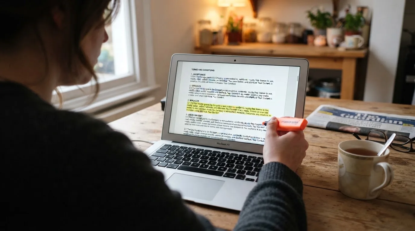 A person reading terms and conditions text on a laptop with a highlighter in hand.